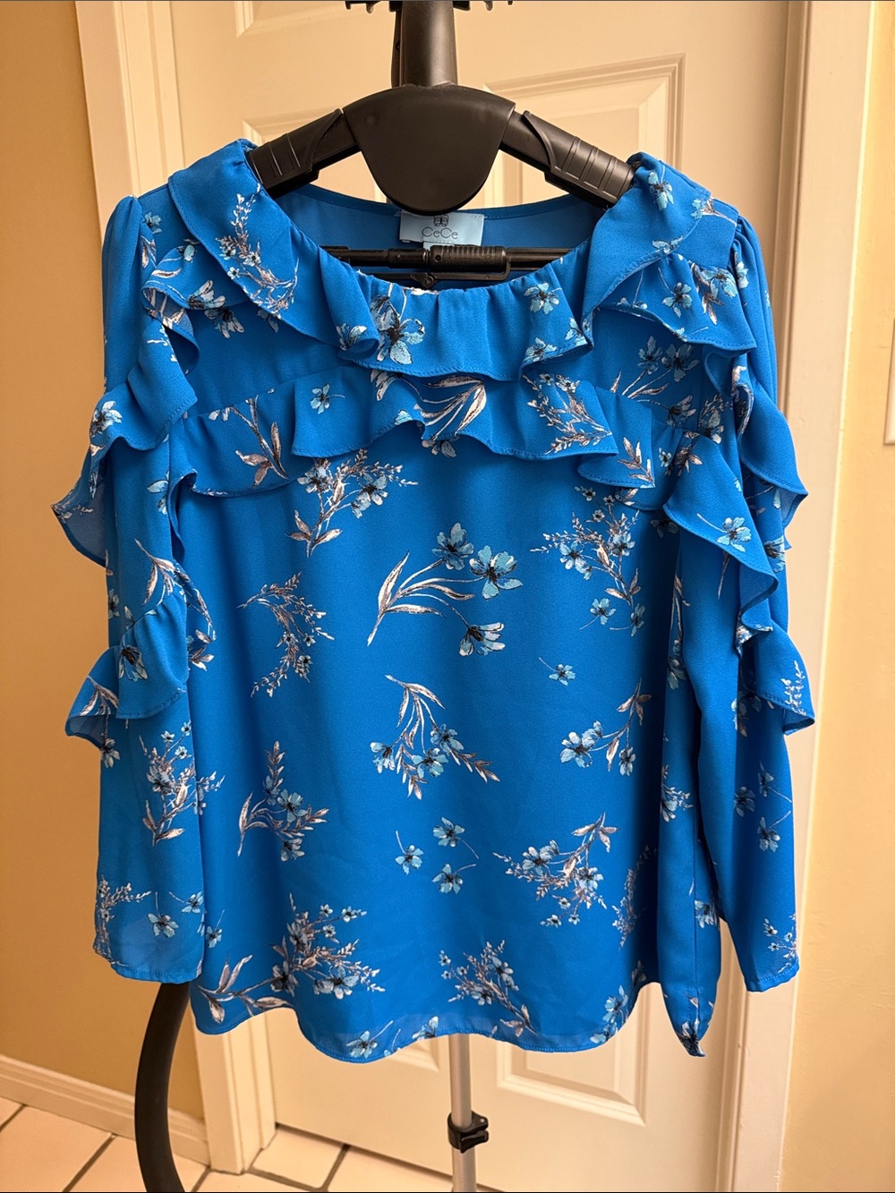 CeCe Electric Blue Floral Ruffle Blouse
